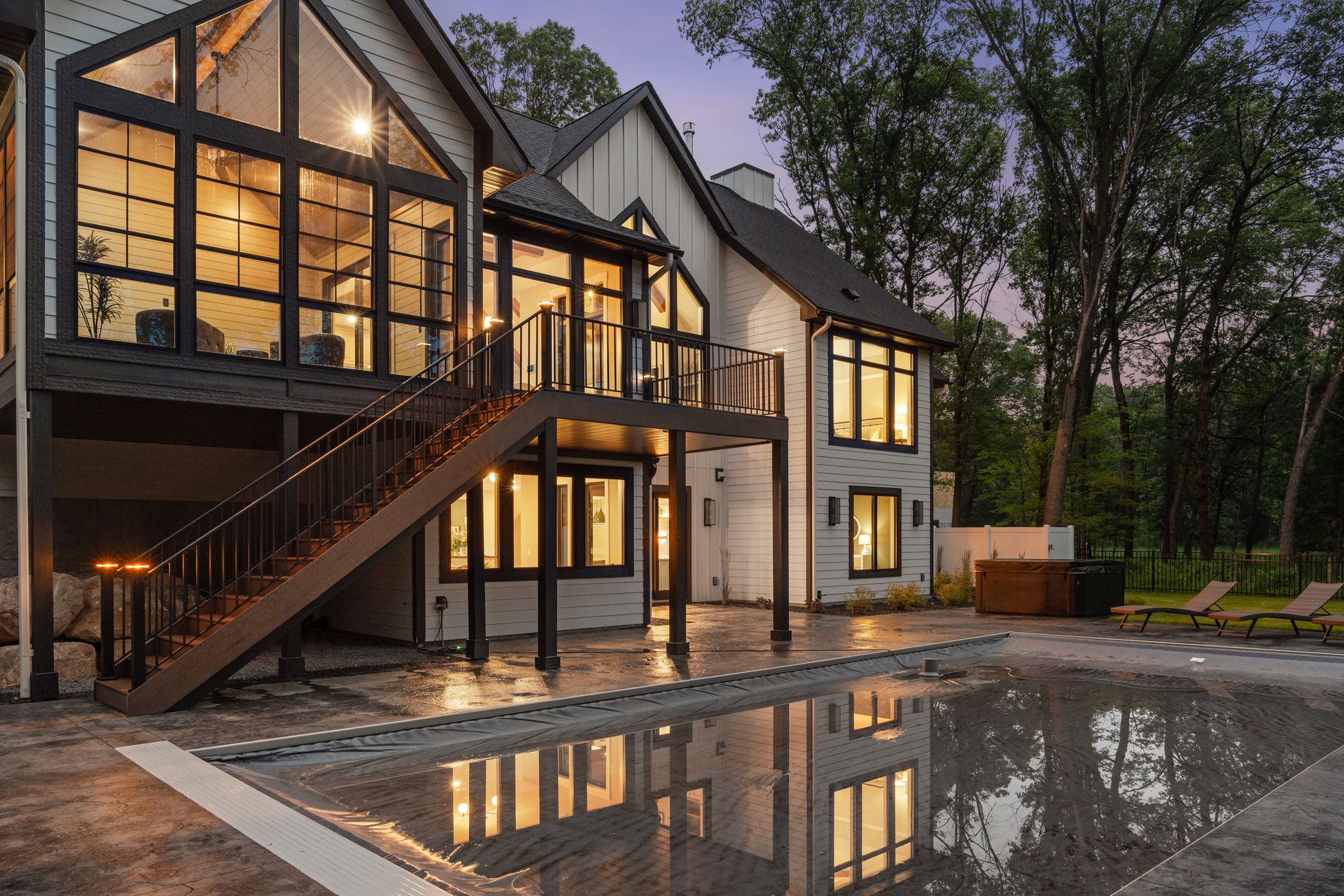 Rear view from exterior of home interior lights